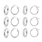 6-Pair Sterling Silver 3x15mm Polished & Diamond-Cut Round Click-Top Small Hoop Earrings Set