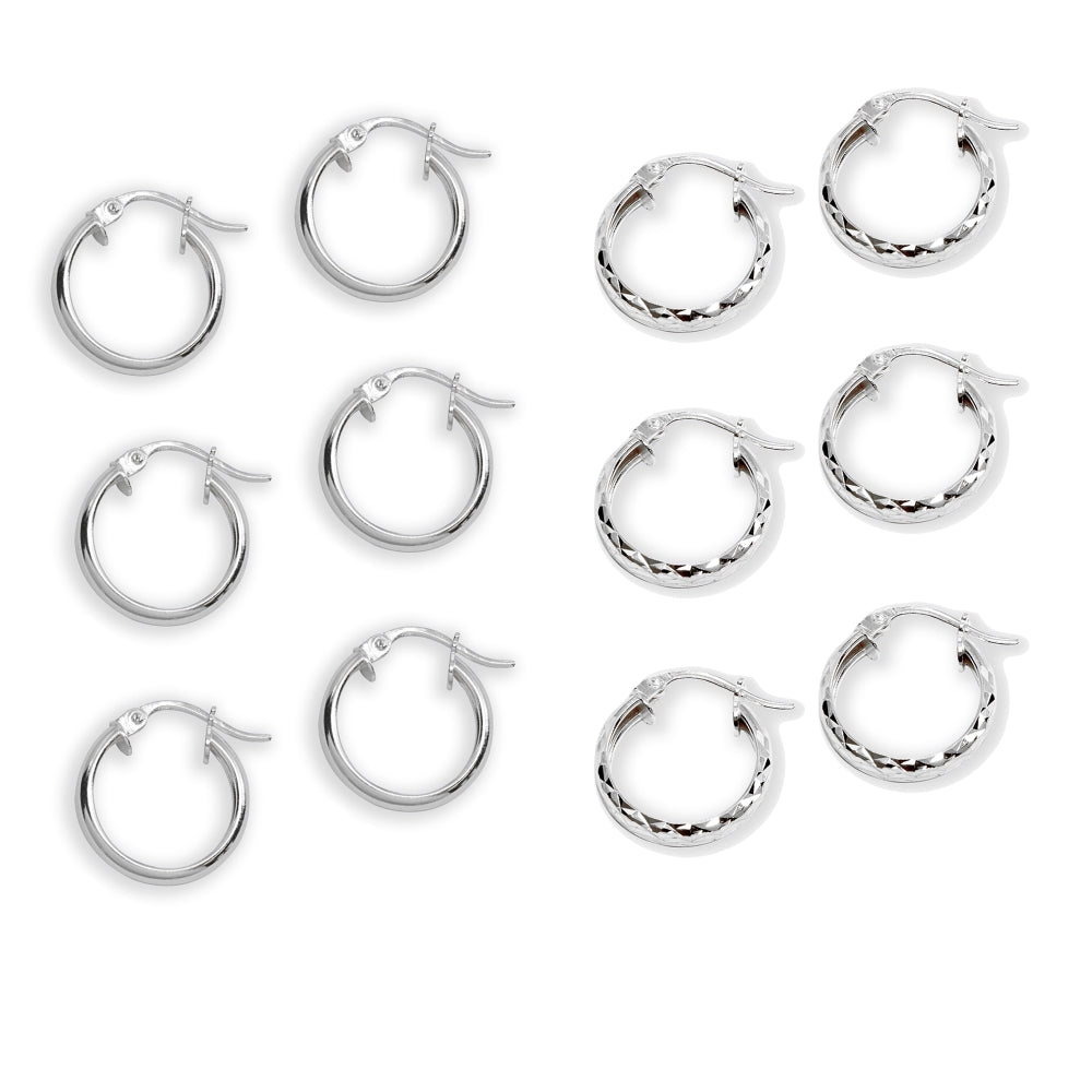 6-Pair Sterling Silver 3x15mm Polished & Diamond-Cut Round Click-Top Small Hoop Earrings Set-2