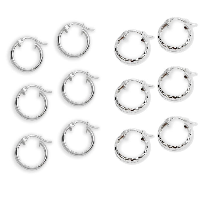 6-Pair Sterling Silver 3x15mm Polished & Diamond-Cut Round Click-Top Small Hoop Earrings Set