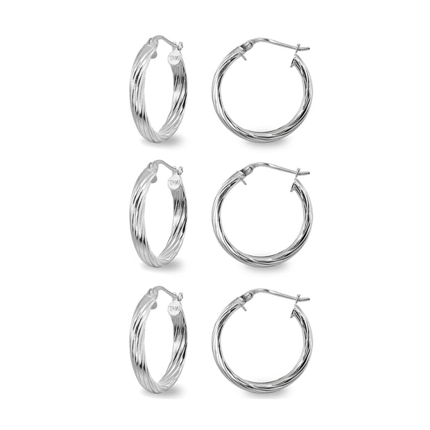 3-Pair Sterling Silver Polished 3x15mm Twist Half Round Click-Top Small Hoop Earrings Set