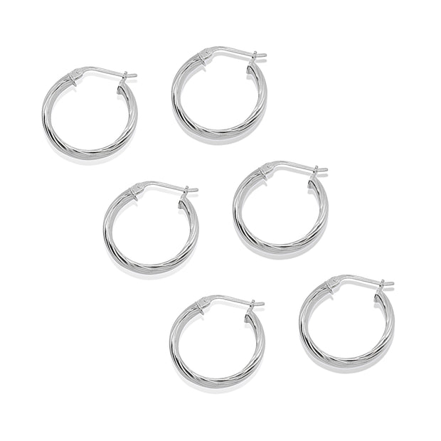 3-Pair Sterling Silver Polished 3x15mm Twist Half Round Click-Top Small Hoop Earrings Set