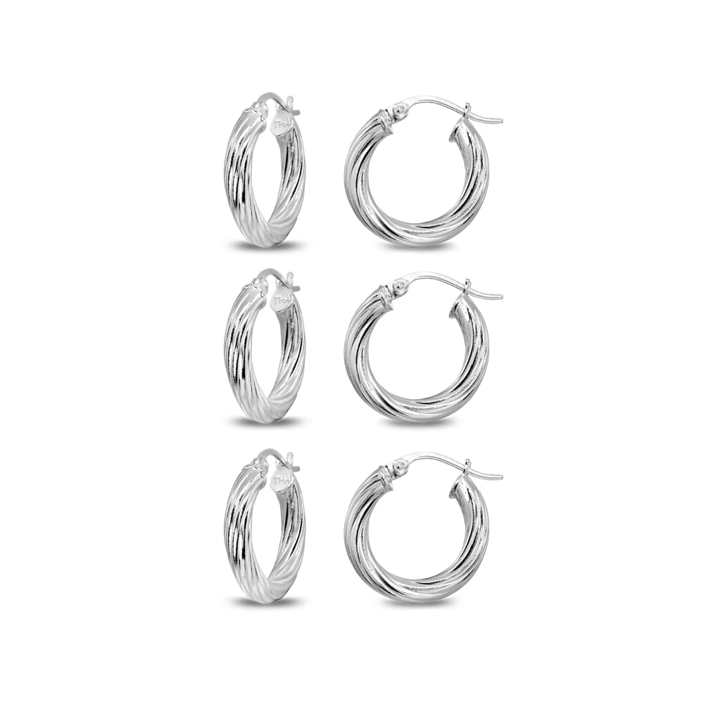 3-Pair Sterling Silver Polished 3x15mm Twist Round Click-Top Small Hoop Earrings Set