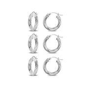 3-Pair Sterling Silver Polished 3x15mm Twist Round Click-Top Small Hoop Earrings Set
