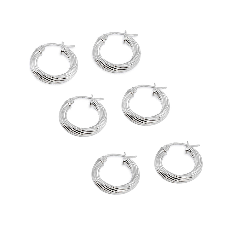 3-Pair Sterling Silver Polished 3x15mm Twist Round Click-Top Small Hoop Earrings Set