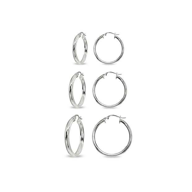 3-Pair Sterling Silver Polished 3mm Half Round Click-Top Small Hoop Earrings Set, 15mm, 20mm or 25mm
