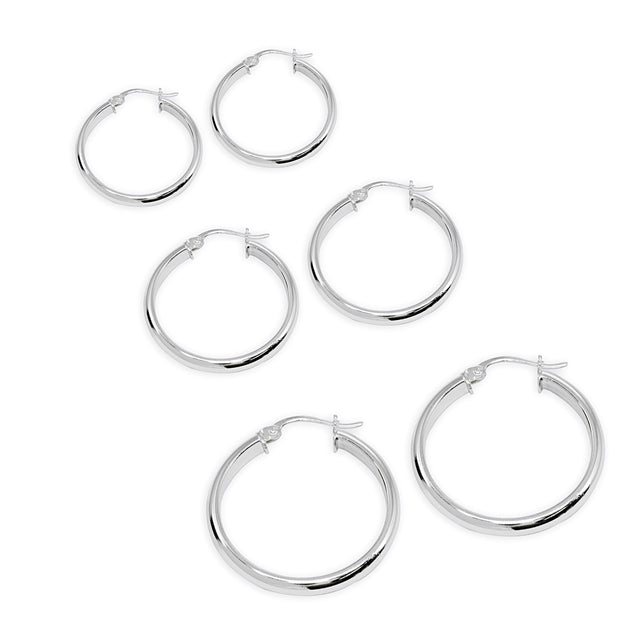 3-Pair Sterling Silver Polished 3mm Half Round Click-Top Small Hoop Earrings Set, 15mm, 20mm or 25mm