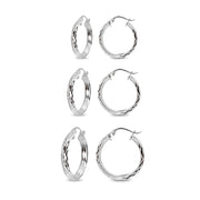 3-Pair Sterling Silver 3mm Diamond-Cut Round Click-Top Small Hoop Earrings Set, 15mm, 20mm or 25mm