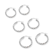 3-Pair Sterling Silver 3mm Diamond-Cut Round Click-Top Small Hoop Earrings Set, 15mm, 20mm or 25mm