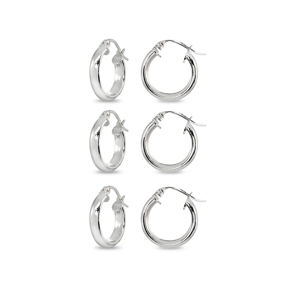 3-Pair Sterling Silver Polished 3x15mm Half Round Click-Top Small Hoop Earrings Set