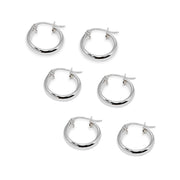 3-Pair Sterling Silver Polished 3x15mm Half Round Click-Top Small Hoop Earrings Set