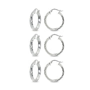 3-Pair Sterling Silver 3x15mm Diamond-Cut Round Click-Top Small Hoop Earrings Set