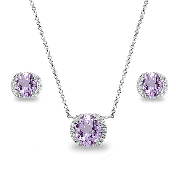 Sterling Silver Amethyst Oval-Cut Crown Stud Earrings & Necklace Set with CZ Accents