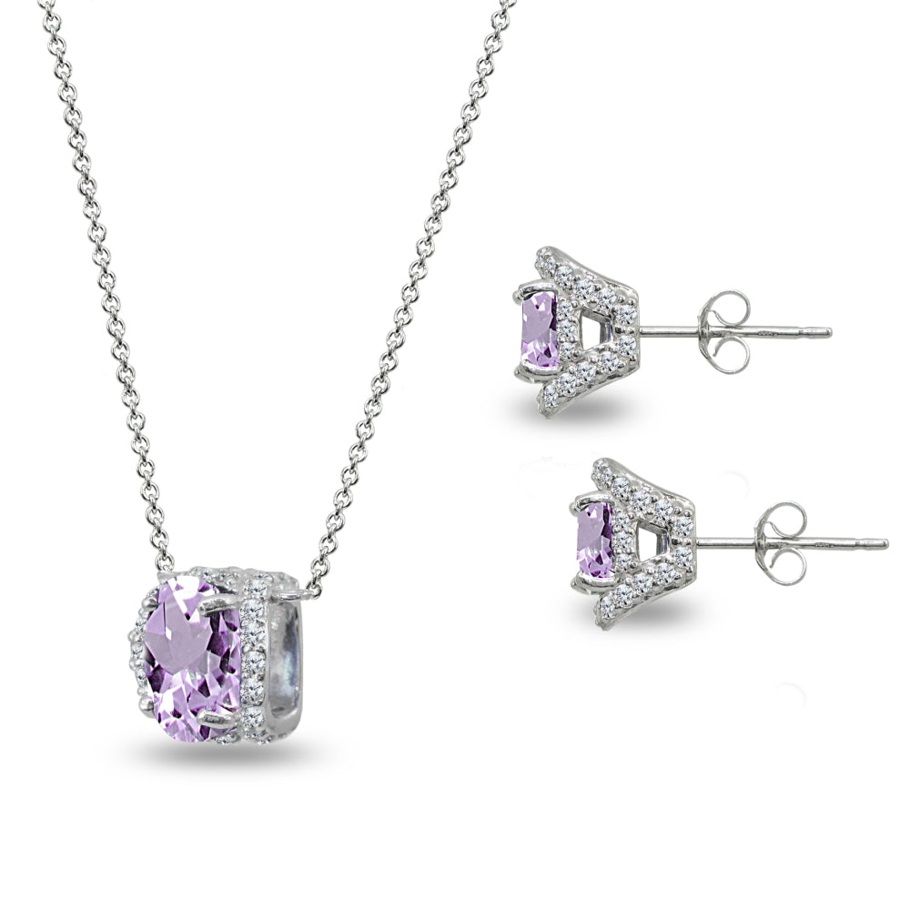 Sterling Silver Amethyst Oval-Cut Crown Stud Earrings & Necklace Set with CZ Accents-2