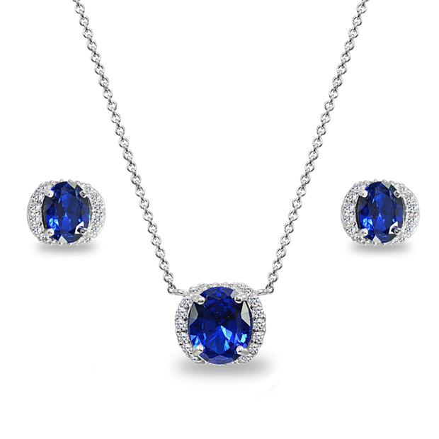 Sterling Silver Synthetic Blue Spinel Oval-Cut Crown Stud Earrings & Necklace Set with CZ Accents