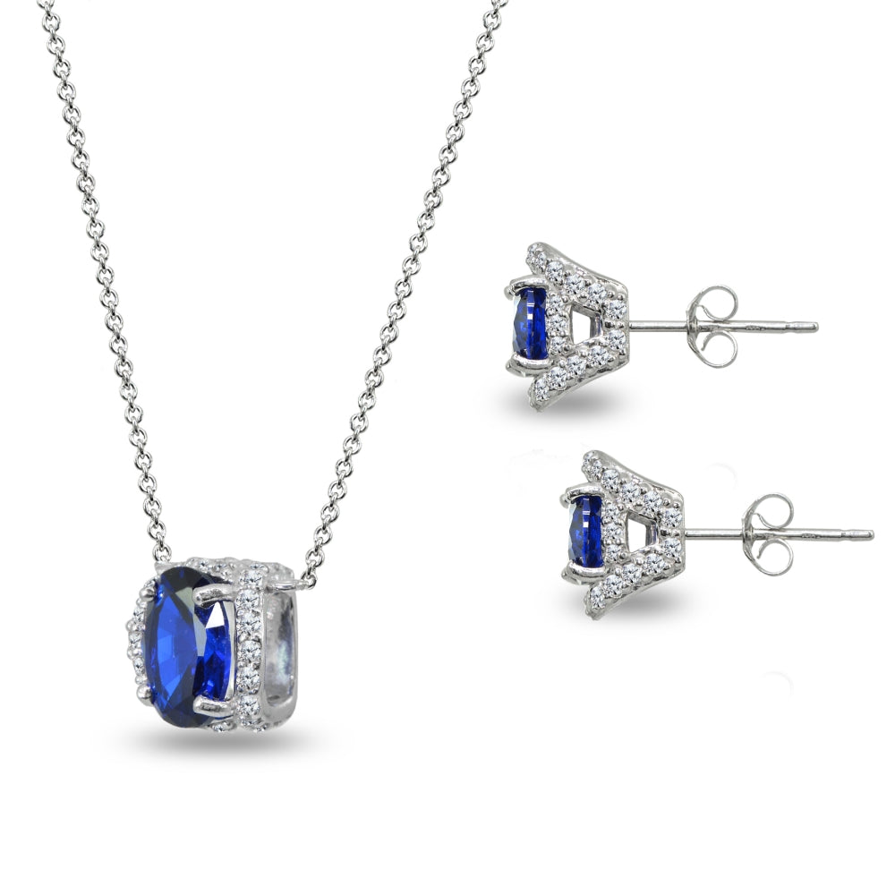 Sterling Silver Synthetic Blue Spinel Oval-Cut Crown Stud Earrings & Necklace Set with CZ Accents-2
