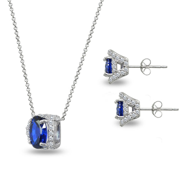 Sterling Silver Synthetic Blue Spinel Oval-Cut Crown Stud Earrings & Necklace Set with CZ Accents