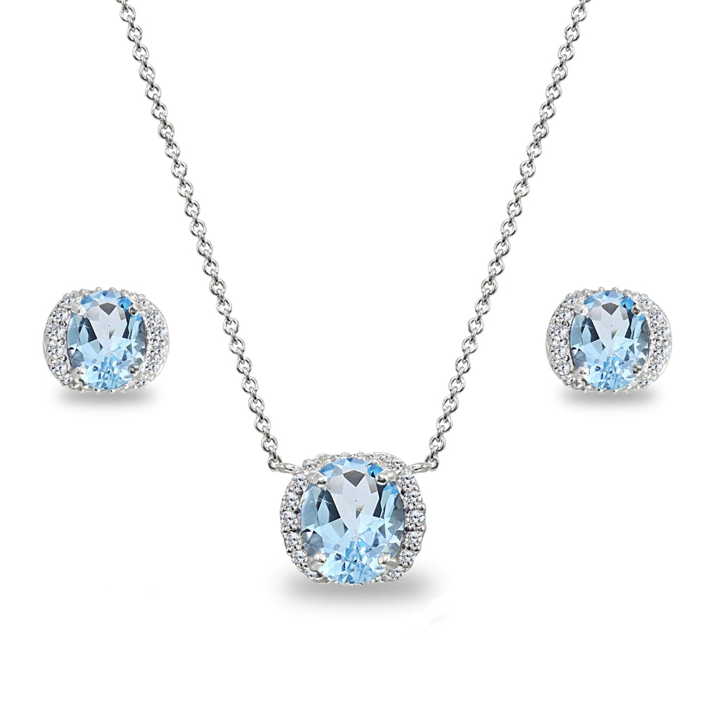 Sterling Silver Blue Topaz Oval-Cut Crown Stud Earrings & Necklace Set with CZ Accents