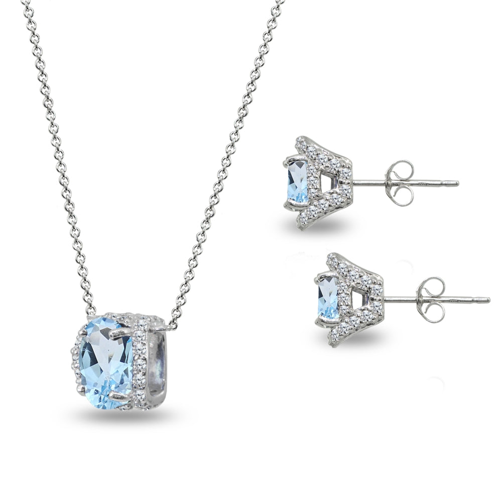 Sterling Silver Blue Topaz Oval-Cut Crown Stud Earrings & Necklace Set with CZ Accents-2