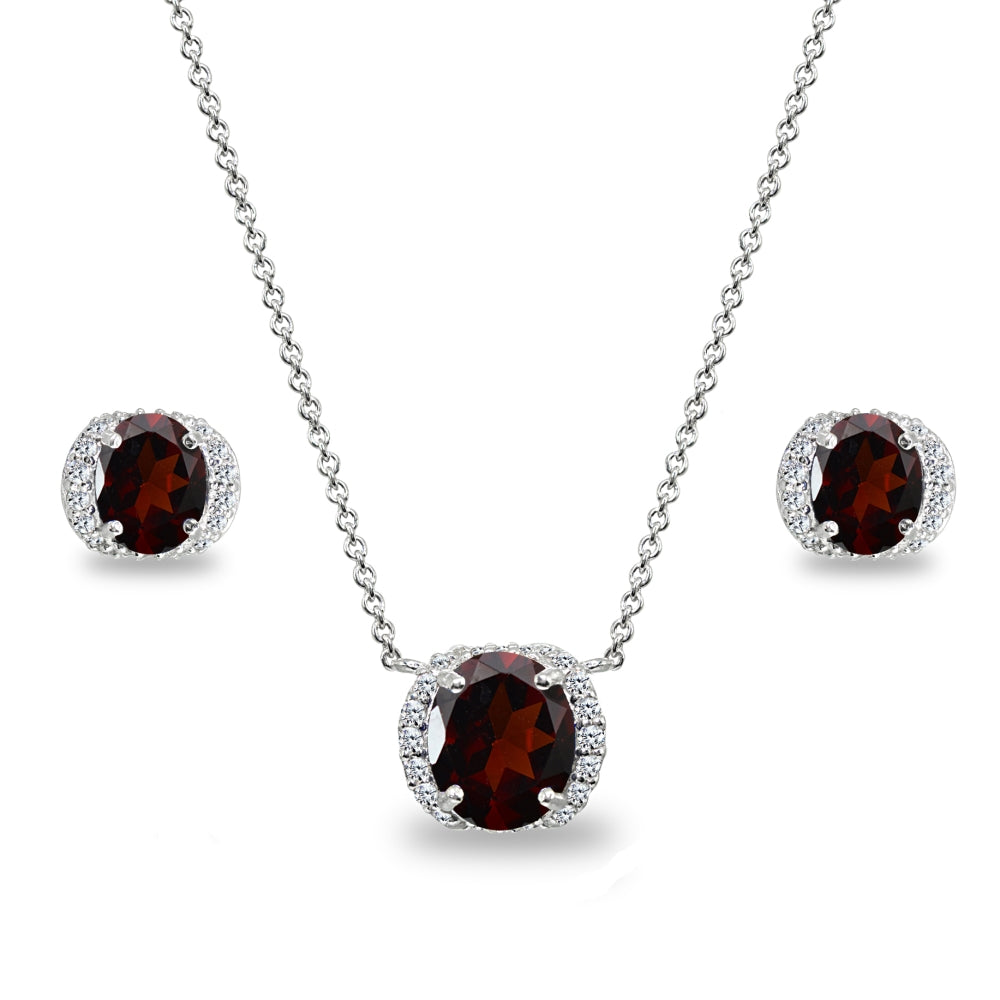 Sterling Silver Garnet Oval-Cut Crown Stud Earrings & Necklace Set with CZ Accents