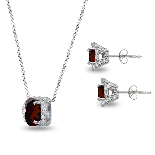 Sterling Silver Garnet Oval-Cut Crown Stud Earrings & Necklace Set with CZ Accents