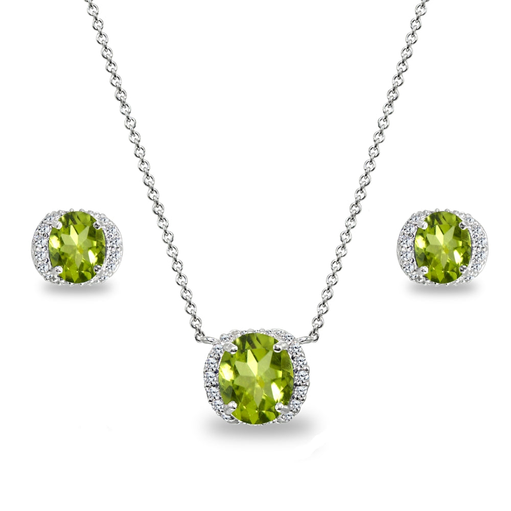 Sterling Silver Peridot Oval-Cut Crown Stud Earrings & Necklace Set with CZ Accents