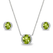 Sterling Silver Peridot Oval-Cut Crown Stud Earrings & Necklace Set with CZ Accents