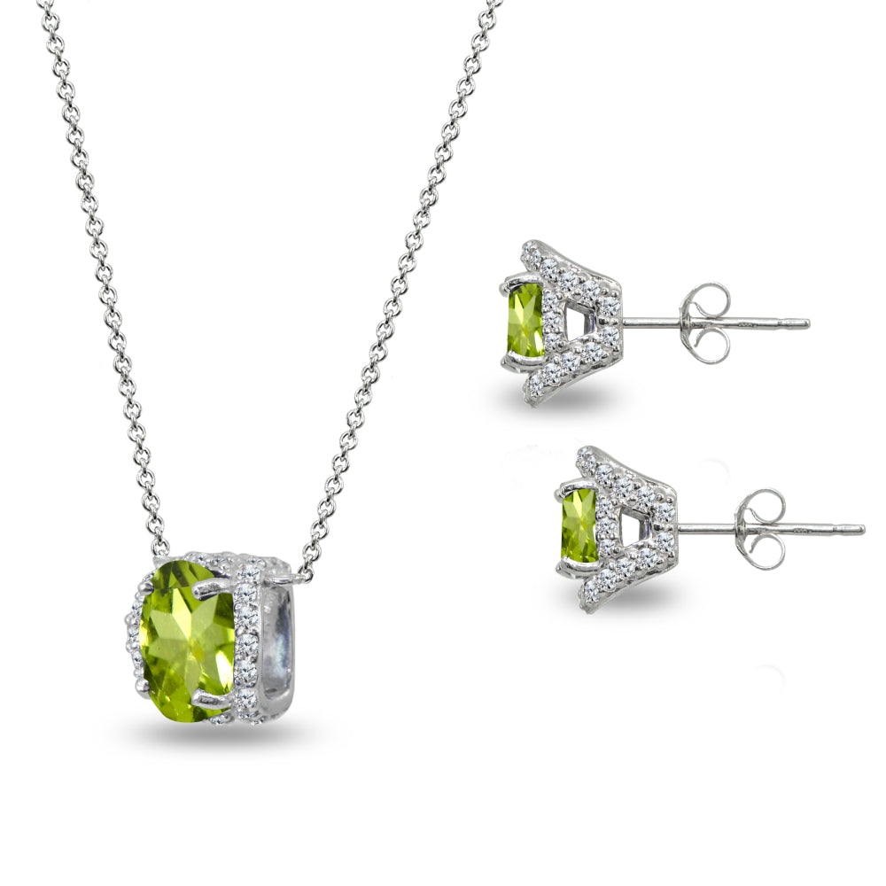 Sterling Silver Peridot Oval-Cut Crown Stud Earrings & Necklace Set with CZ Accents-2
