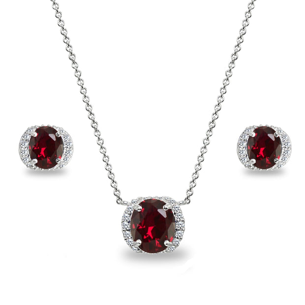 Sterling Silver Synthetic Ruby Oval-Cut Crown Stud Earrings & Necklace Set with CZ Accents