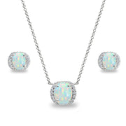 Sterling Silver Synthetic White Opal Oval-Cut Crown Stud Earrings & Necklace Set with CZ Accents
