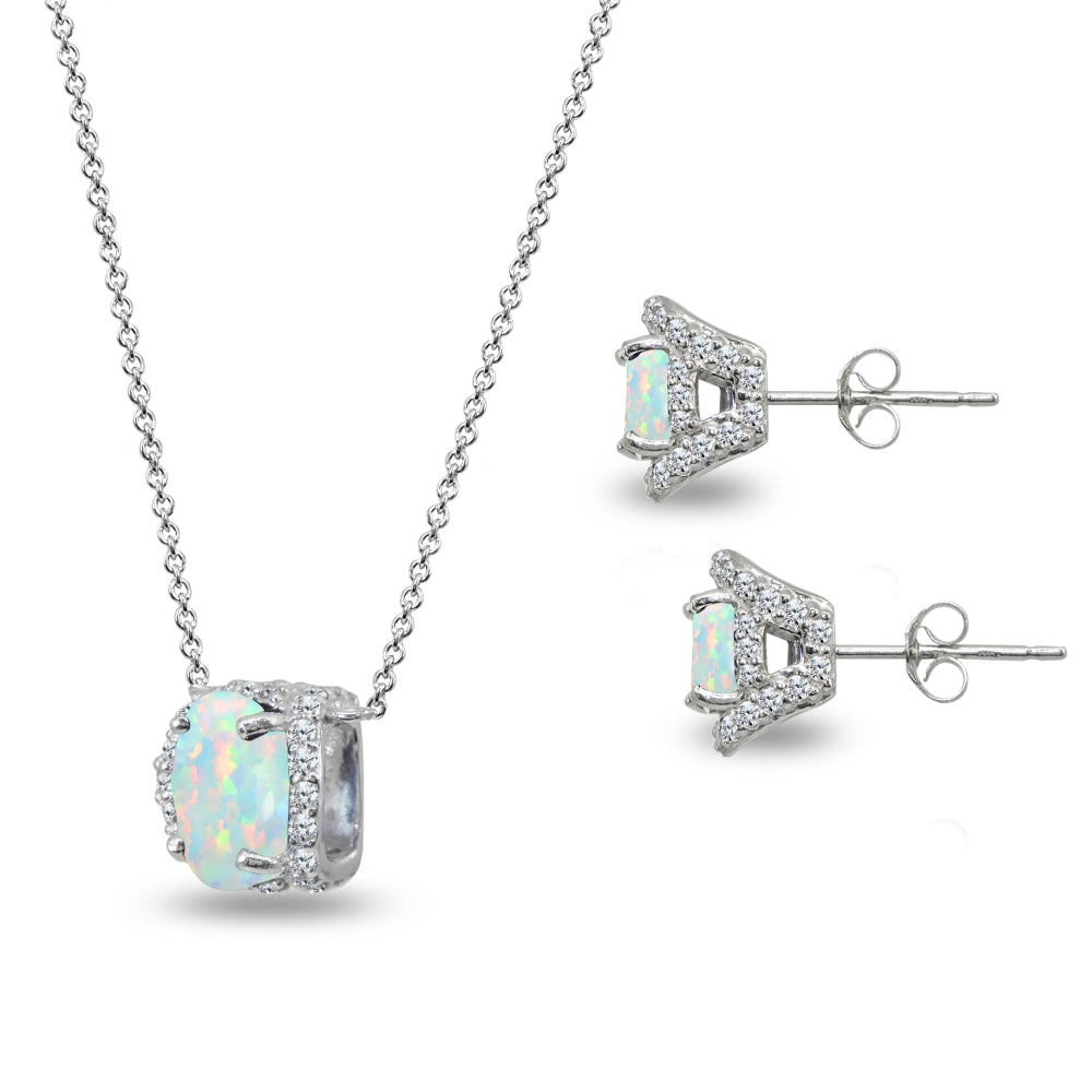 Sterling Silver Synthetic White Opal Oval-Cut Crown Stud Earrings & Necklace Set with CZ Accents-2
