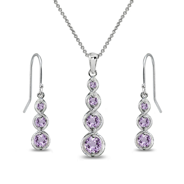Sterling Silver Amethyst Round Three Stone Journey Infinity Dangle Earrings & Pendant Necklace Set