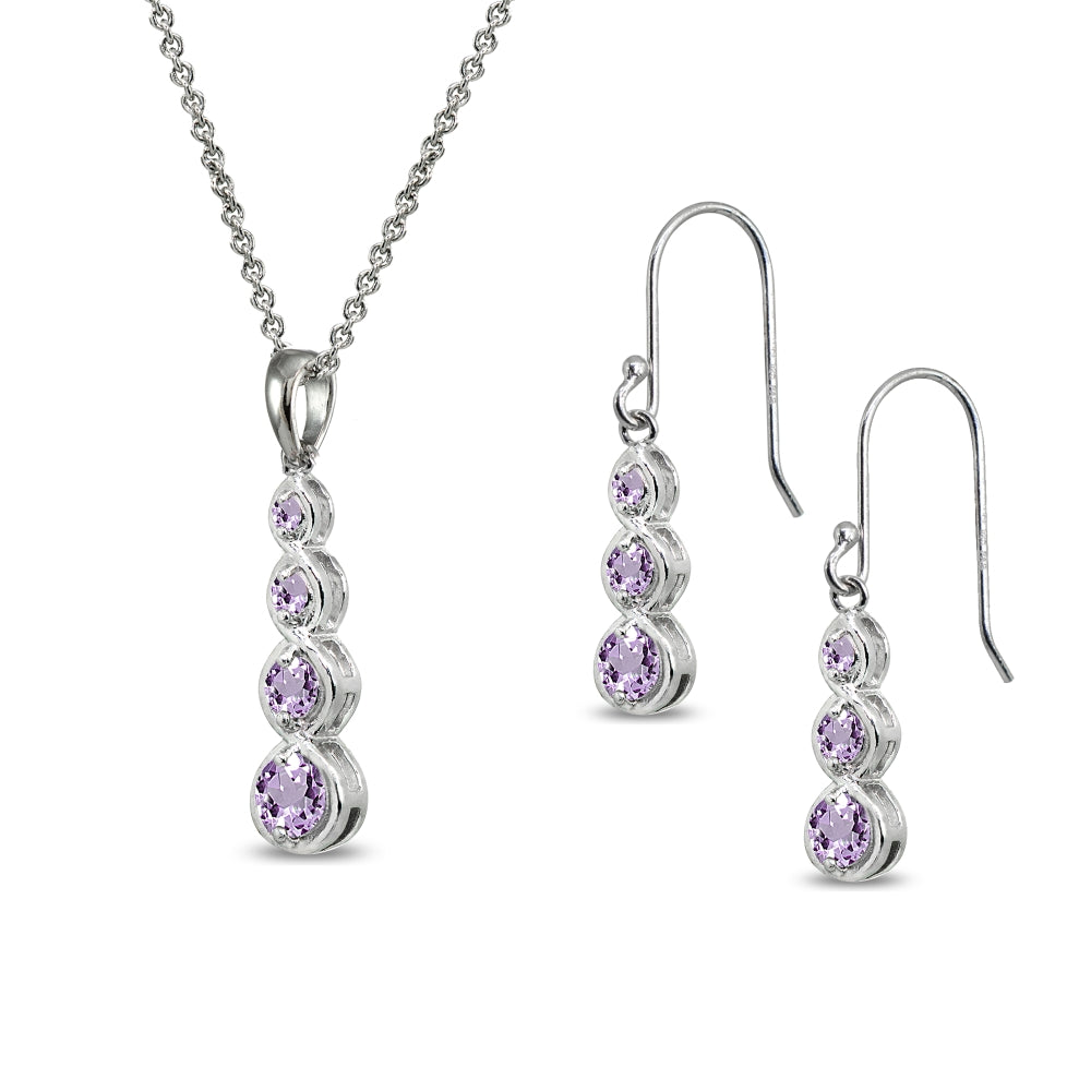 Sterling Silver Amethyst Round Three Stone Journey Infinity Dangle Earrings & Pendant Necklace Set-2