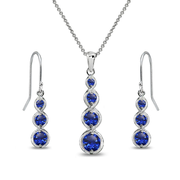 Sterling Silver Synthetic Blue Spinel Round Three Stone Journey Infinity Dangle Earrings & Pendant Necklace Set