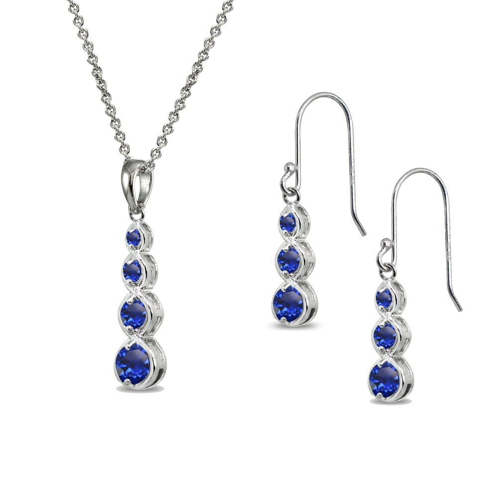 Sterling Silver Synthetic Blue Spinel Round Three Stone Journey Infinity Dangle Earrings & Pendant Necklace Set-2