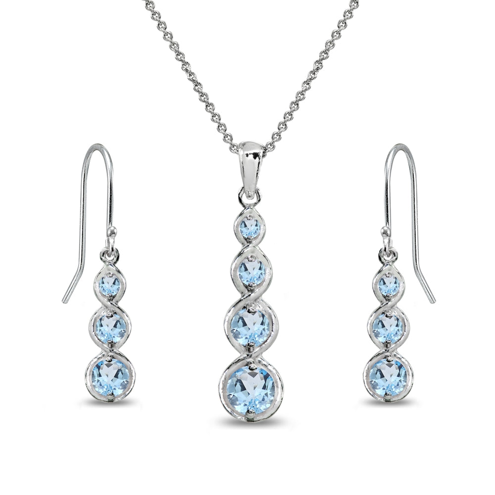 Sterling Silver Blue Topaz Round Three Stone Journey Infinity Dangle Earrings & Pendant Necklace Set