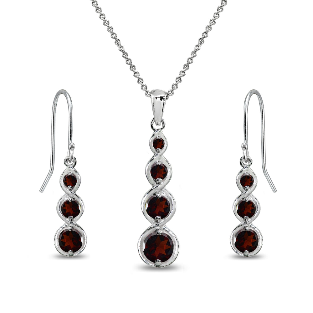 Sterling Silver Garnet Round Three Stone Journey Infinity Dangle Earrings & Pendant Necklace Set