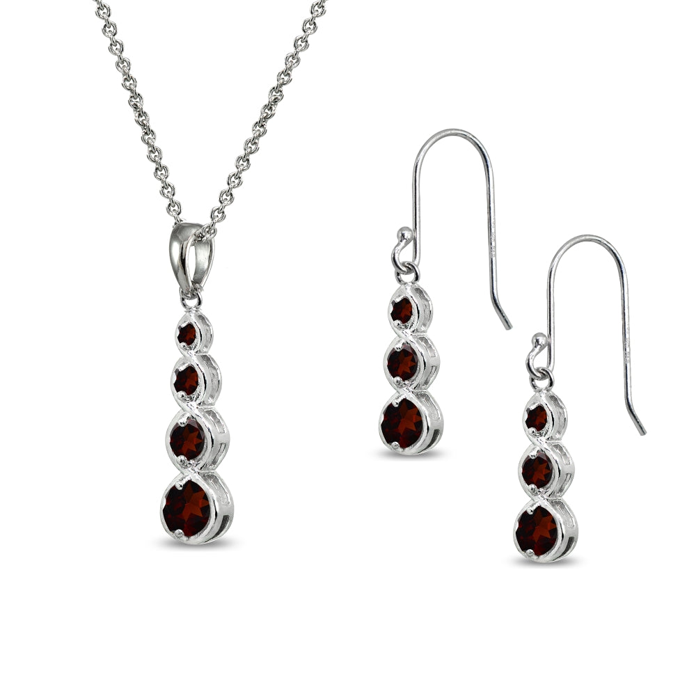 Sterling Silver Garnet Round Three Stone Journey Infinity Dangle Earrings & Pendant Necklace Set-2