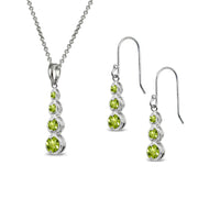 Sterling Silver Peridot Round Three Stone Journey Infinity Dangle Earrings & Pendant Necklace Set