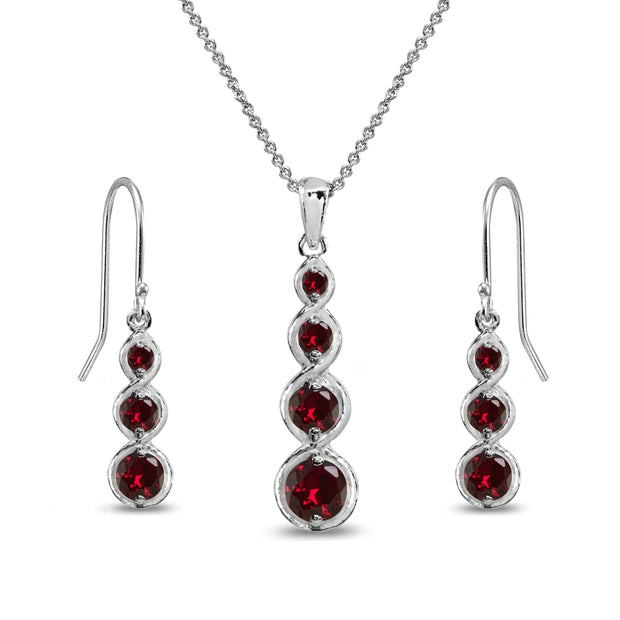 Sterling Silver Synthetic Ruby Round Three Stone Journey Infinity Dangle Earrings & Pendant Necklace Set