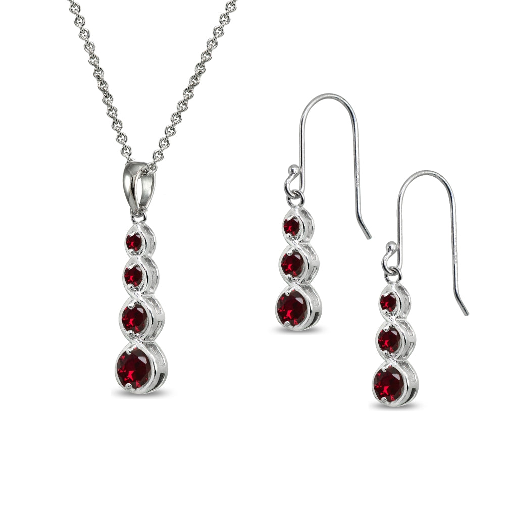 Sterling Silver Synthetic Ruby Round Three Stone Journey Infinity Dangle Earrings & Pendant Necklace Set-2
