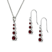 Sterling Silver Synthetic Ruby Round Three Stone Journey Infinity Dangle Earrings & Pendant Necklace Set