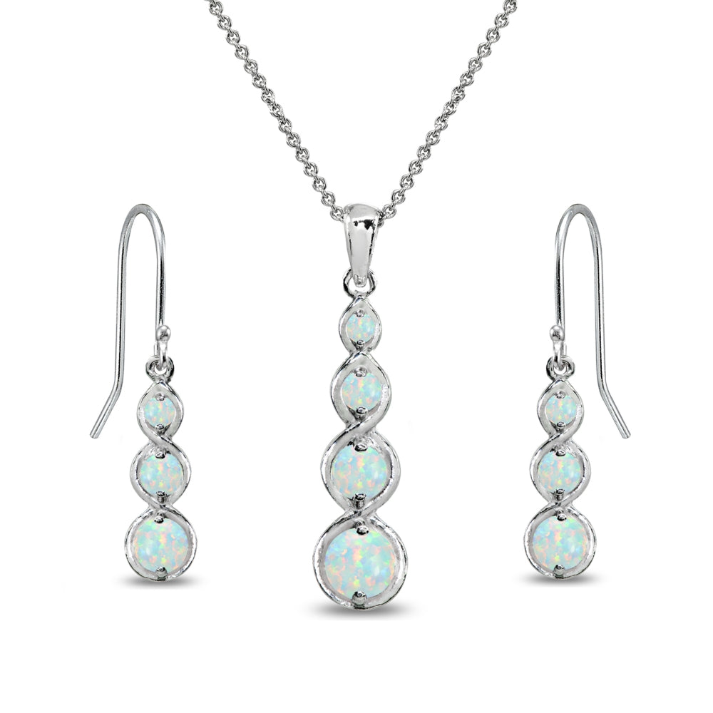 Sterling Silver Synthetic White Opal Round Three Stone Journey Infinity Dangle Earrings & Pendant Necklace Set