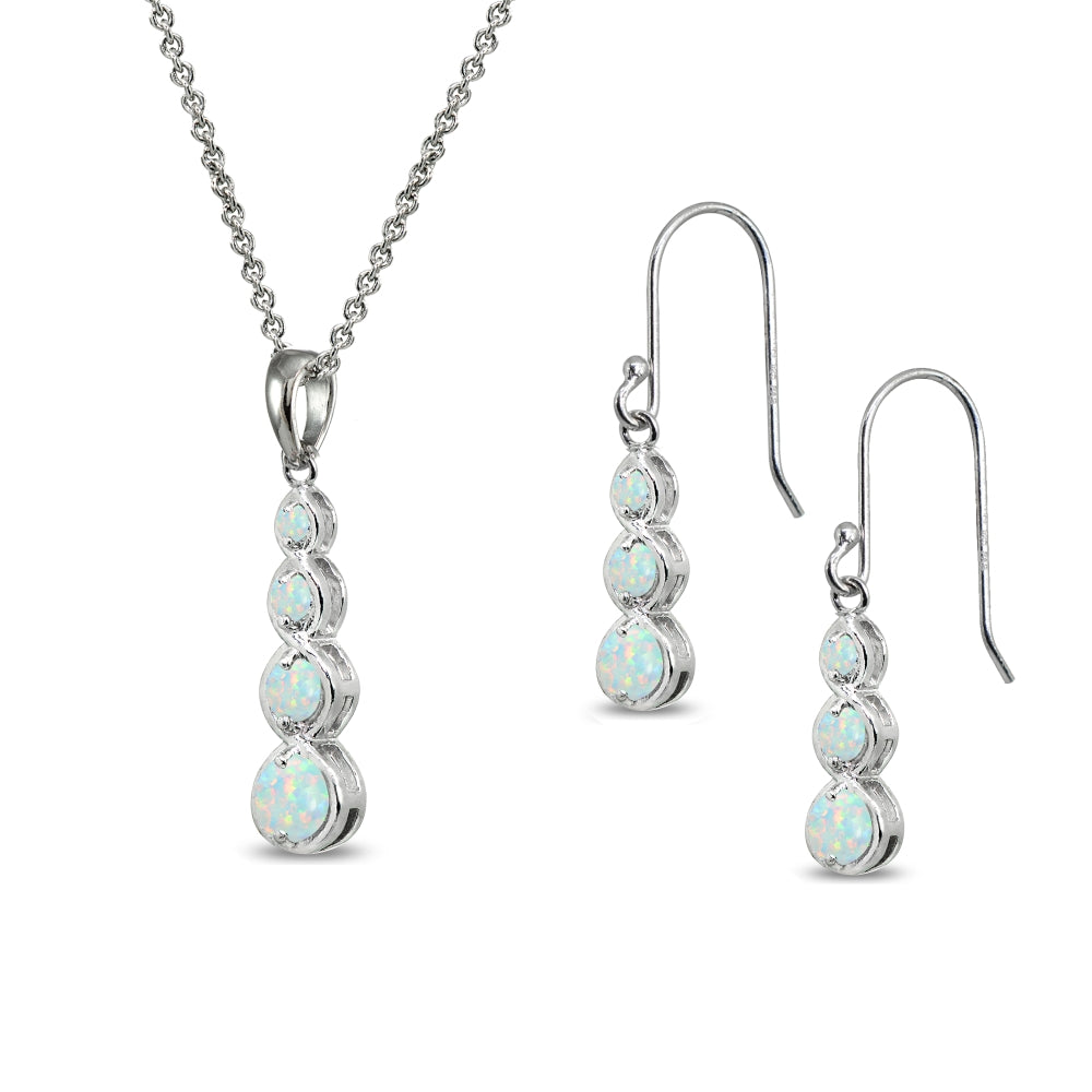 Sterling Silver Synthetic White Opal Round Three Stone Journey Infinity Dangle Earrings & Pendant Necklace Set-2
