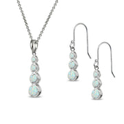 Sterling Silver Synthetic White Opal Round Three Stone Journey Infinity Dangle Earrings & Pendant Necklace Set