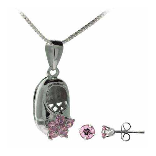 Sterling Silver Pink CZ Baby Shoe Pendant and Stud Earrings Set