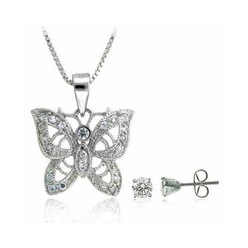 Sterling Silver CZ Filigree Butterfly Pendant & Stud Earrings Set