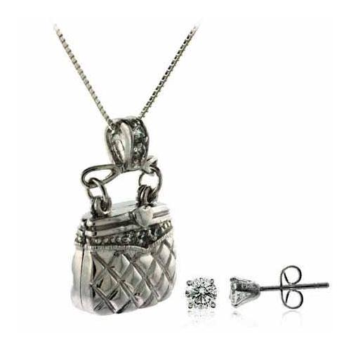 Sterling Silver CZ Purse Pendant Locket & Stud Earrings Set