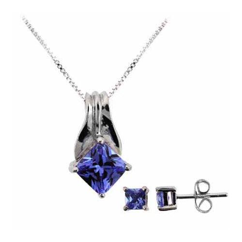 Sterling Silver Tanzanite CZ Pendant and Stud Earrings Set