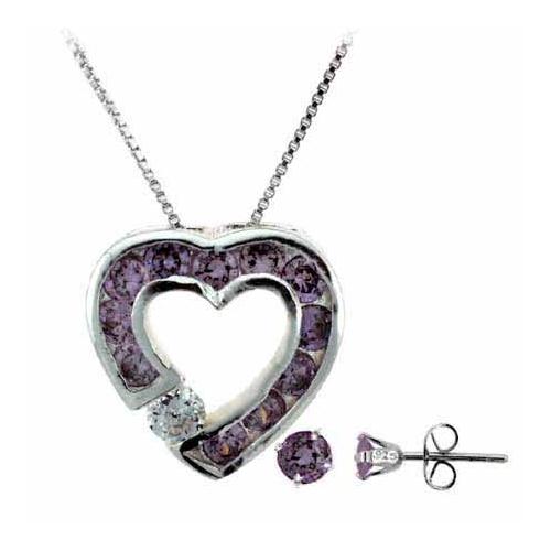 Sterling Silver Amethyst CZ Heart Pendant and Stud Earrings Set