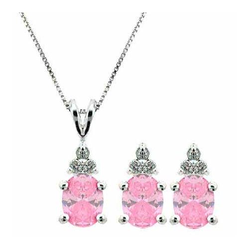 Sterling Silver Pink & Clear CZ Three Stone Earrings and Pendant Set